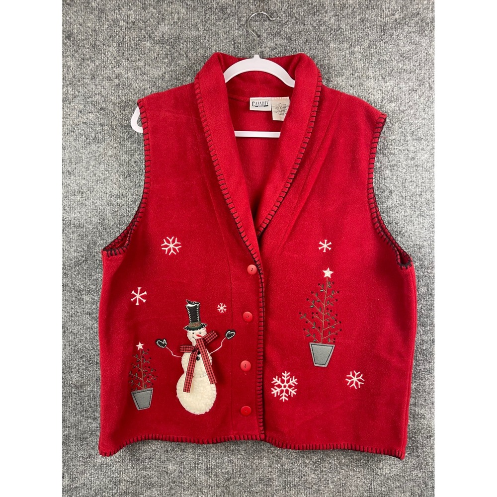Vintage Capacity Woman Vest Women's 1X Red Snowman Christmas Holiday Fleece